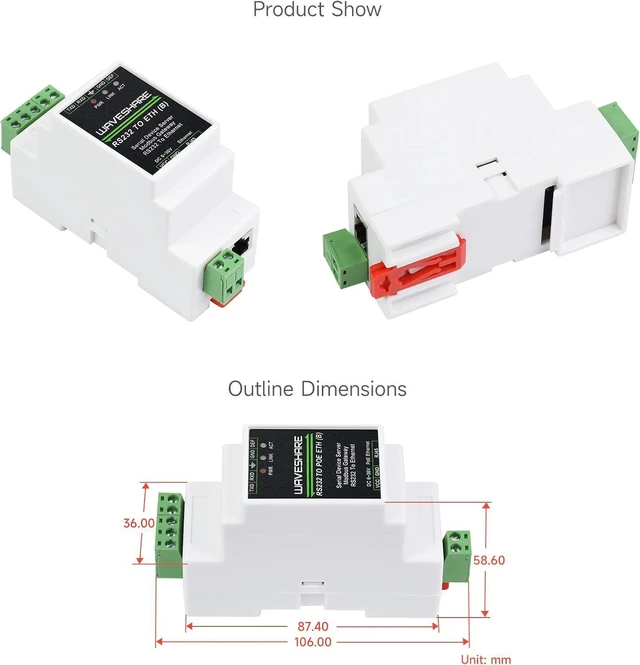 Alt view image 7 of 7 - Waveshare Industrial Serial Server, RS232 to RJ45 Ethernet, TCP/IP to Serial, Rail-Mount Support, with POE Function