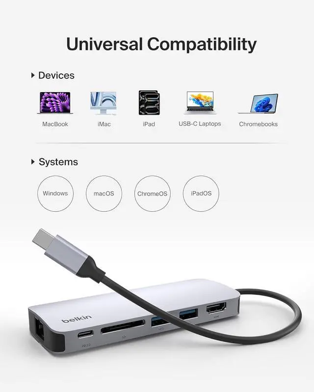 Alt view image 2 of 6 - Belkin USB-C Hub - 6-in-1Multi-PortAdapter Dock with 4K HDMI, USB-C 100W PD Pass-Through Charging, 2X USB-A Ports, Gigabit Ethernet Ports, and SD Slot for MacBook Pro, Air, iPad, Pro, XPS and More