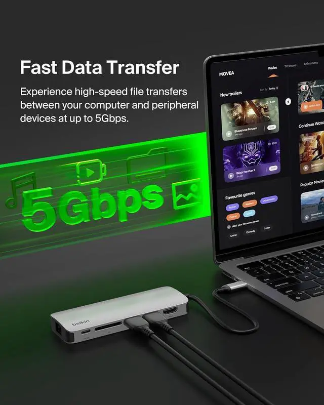 Alt view image 3 of 6 - Belkin USB-C Hub - 6-in-1Multi-PortAdapter Dock with 4K HDMI, USB-C 100W PD Pass-Through Charging, 2X USB-A Ports, Gigabit Ethernet Ports, and SD Slot for MacBook Pro, Air, iPad, Pro, XPS and More