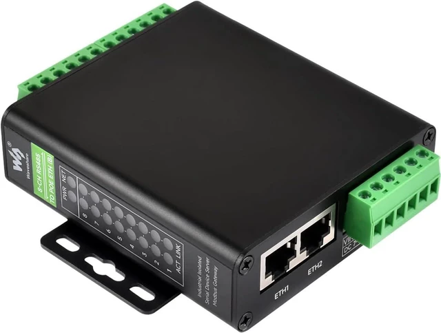 Main image of Waveshare 8-Channel RS485 to RJ45 Ethernet Serial Server, Independent Operation, Rail-Mount Isolated Module, Bi-Directional Transmission, Modbus Gateway, Transparent Communication, with PoE Function