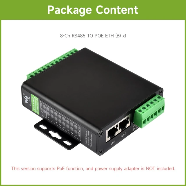Alt view image 2 of 7 - Waveshare 8-Channel RS485 to RJ45 Ethernet Serial Server, Independent Operation, Rail-Mount Isolated Module, Bi-Directional Transmission, Modbus Gateway, Transparent Communication, with PoE Function