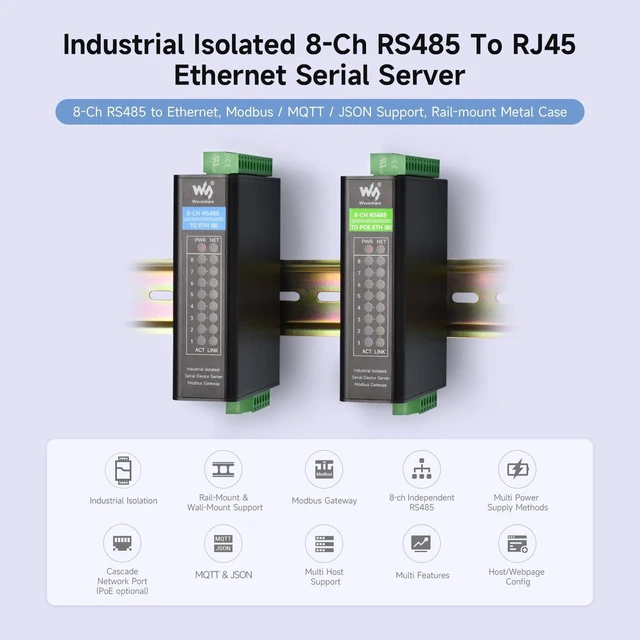 Alt view image 3 of 7 - Waveshare 8-Channel RS485 to RJ45 Ethernet Serial Server, Independent Operation, Rail-Mount Isolated Module, Bi-Directional Transmission, Modbus Gateway, Transparent Communication, with PoE Function