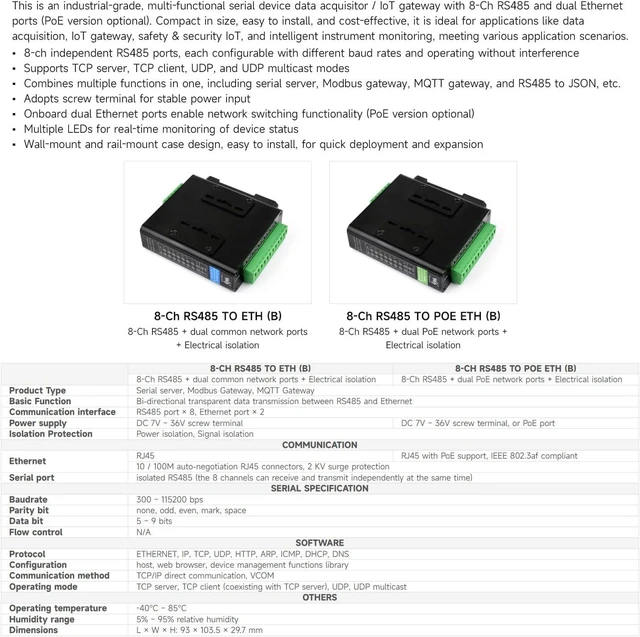 Alt view image 4 of 7 - Waveshare 8-Channel RS485 to RJ45 Ethernet Serial Server, Independent Operation, Rail-Mount Isolated Module, Bi-Directional Transmission, Modbus Gateway, Transparent Communication, with PoE Function