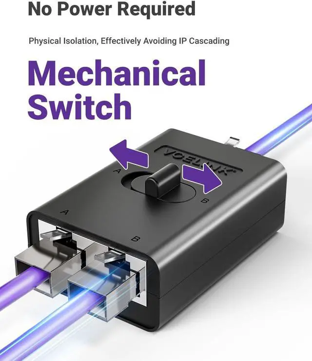 Alt view image 3 of 7 - VCELINK 2 Port RJ45 Network Switch, Ethernet Splitter 2-in 1-Out or 1-in 2-Out, Power-Free Passive Ethernet Selector 1000Mbps Cat6/ Cat5e/ Cat5, PoE, Slide Switch, RJ11, RJ12, 1 Pack