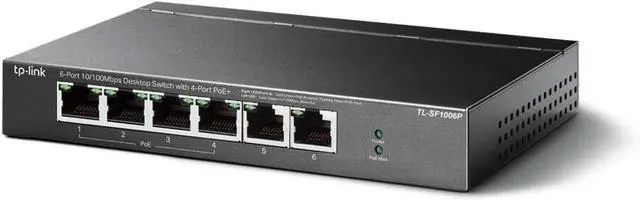 Main image of TP-Link 6 Port Fast Ethernet 10/100Mbps PoE Switch 4 PoE+ Ports @67W Plug & Play Sturdy Metal w/Shielded Ports Extend Mode Priority Mode (TL-SF1006P)