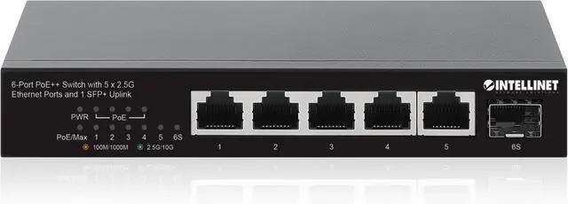 Main image of Intellinet 6-Port PoE++ Switch: 5 x 2.5G Ethernet, 1 SFP+ Uplink, Ultra-Fast 2500 Mbps, 10G Capability, Power Over Ethernet, Compact & Silent Design - 562133