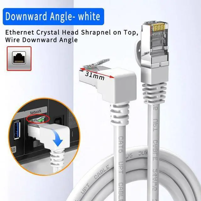 Alt view image 4 of 7 - 90 Degree Cat6 Ethernet Cable White Down/UP Right Angled CAT 6 Ethernet Patch Cables Gigabit Network Cord RJ45 90 Degree Adapter (Downward Angle, 10FT)
