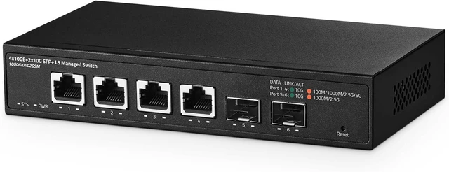 Main image of 6 Port 10 Gigabit Managed Switch, 4x10G RJ45 Ethernet,Support 1G/2.5G/5G/10G, 2x10G SFP+, 120Gbps Bandwidth, L3 Web Managed, Binardat Metal Small Network Switch