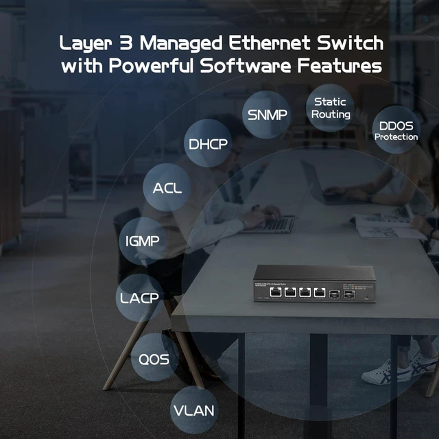Alt view image 5 of 7 - 6 Port 10 Gigabit Managed Switch, 4x10G RJ45 Ethernet,Support 1G/2.5G/5G/10G, 2x10G SFP+, 120Gbps Bandwidth, L3 Web Managed, Binardat Metal Small Network Switch