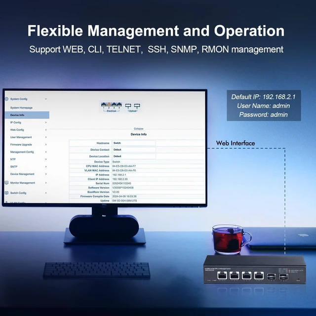 Alt view image 6 of 7 - 6 Port 10 Gigabit Managed Switch, 4x10G RJ45 Ethernet,Support 1G/2.5G/5G/10G, 2x10G SFP+, 120Gbps Bandwidth, L3 Web Managed, Binardat Metal Small Network Switch
