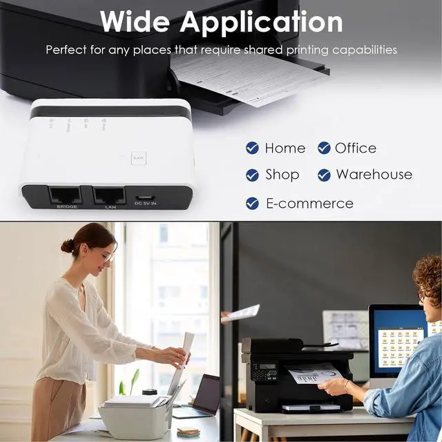 Alt view image 2 of 7 - GOWENIC USB Print Server, 10 100Mbps LAN Bridge Wireless Wired Standalone Print Server Support 4 Printers Plug and Play, with 480Mbps USB 2.0 Port, for 7 8 10 11 OS X (US Plug)