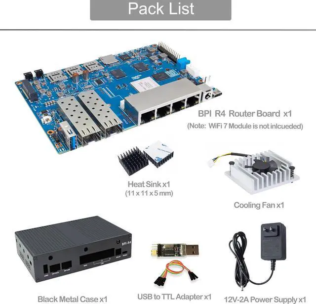 Alt view image 2 of 7 - Banana Pi BPI-R4 WiFi 7 Wireless Dual-Band WiFi Router Board OpenWRT, with MediaTek MT7988A (Filogic 880) SoC, Support 2X 10GbE SFP and 4X GbE Gigabit Ethernet for NAS Smart Home Gateway (Bundle2)