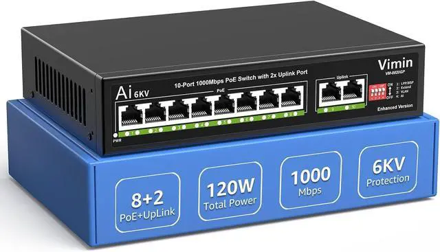 Main image of 10-Port Gigabit PoE Switch with 8 Port PoE, VIMIN 8-Port Unmanaged 10/100/1000Mbps Network PoE Switch with 2 Uplink Ports, AI Watchdog, VLAN, Extend 250m, Support IEEE802.3af/at