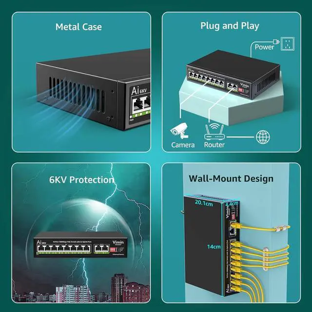 Alt view image 7 of 7 - 10-Port Gigabit PoE Switch with 8 Port PoE, VIMIN 8-Port Unmanaged 10/100/1000Mbps Network PoE Switch with 2 Uplink Ports, AI Watchdog, VLAN, Extend 250m, Support IEEE802.3af/at