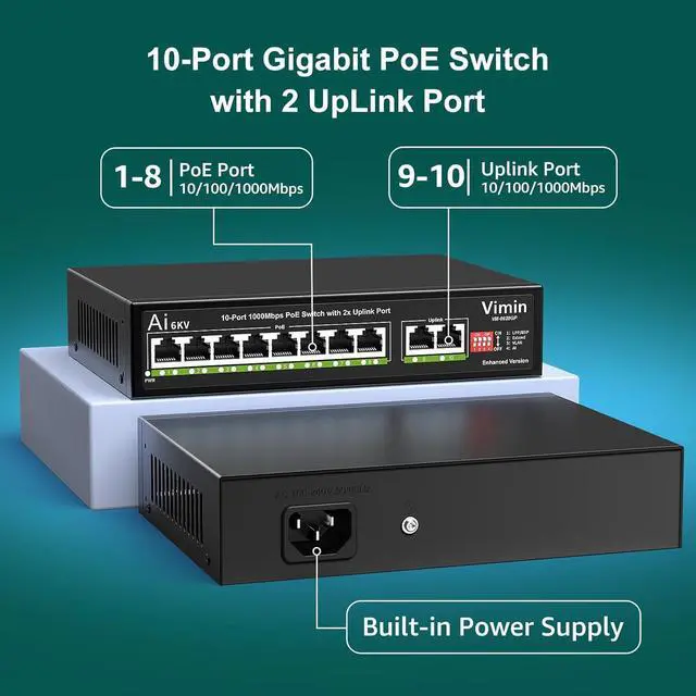 Alt view image 2 of 7 - 10-Port Gigabit PoE Switch with 8 Port PoE, VIMIN 8-Port Unmanaged 10/100/1000Mbps Network PoE Switch with 2 Uplink Ports, AI Watchdog, VLAN, Extend 250m, Support IEEE802.3af/at