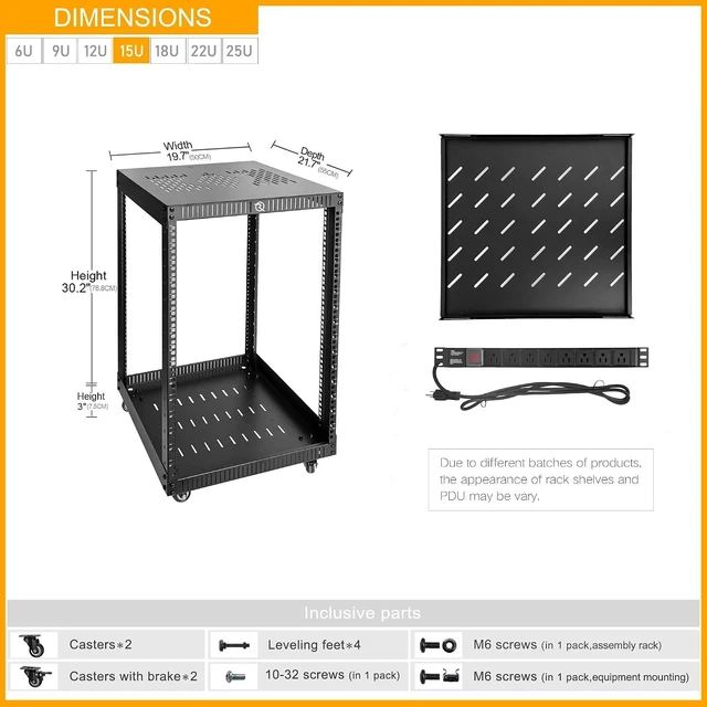 Alt view image 7 of 7 - RIVECO 15U Network Rack with Top Cover 4 Post Floor Rack on Wheels for 19" Equipment & Stereo Gear Including Rack Mount Power Strip & 1PCS 1U Rack Shelf & 16" Depth Rack Shelves 2PCS