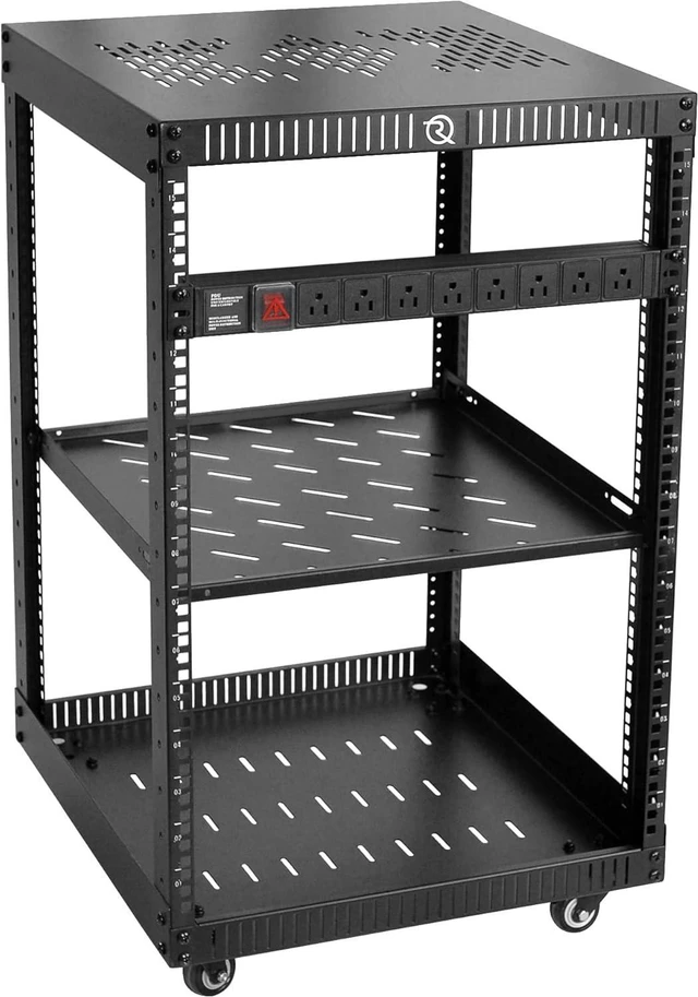 Alt view image 2 of 7 - RIVECO 15U Network Rack with Top Cover 4 Post Floor Rack on Wheels for 19" Equipment & Stereo Gear Including Rack Mount Power Strip & 1PCS 1U Rack Shelf & 16" Depth Rack Shelves 2PCS