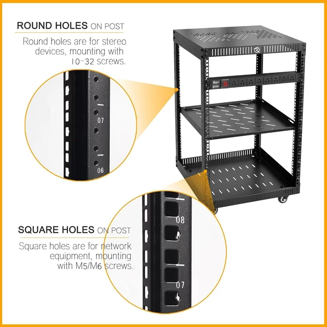Alt view image 4 of 7 - RIVECO 15U Network Rack with Top Cover 4 Post Floor Rack on Wheels for 19" Equipment & Stereo Gear Including Rack Mount Power Strip & 1PCS 1U Rack Shelf & 16" Depth Rack Shelves 2PCS