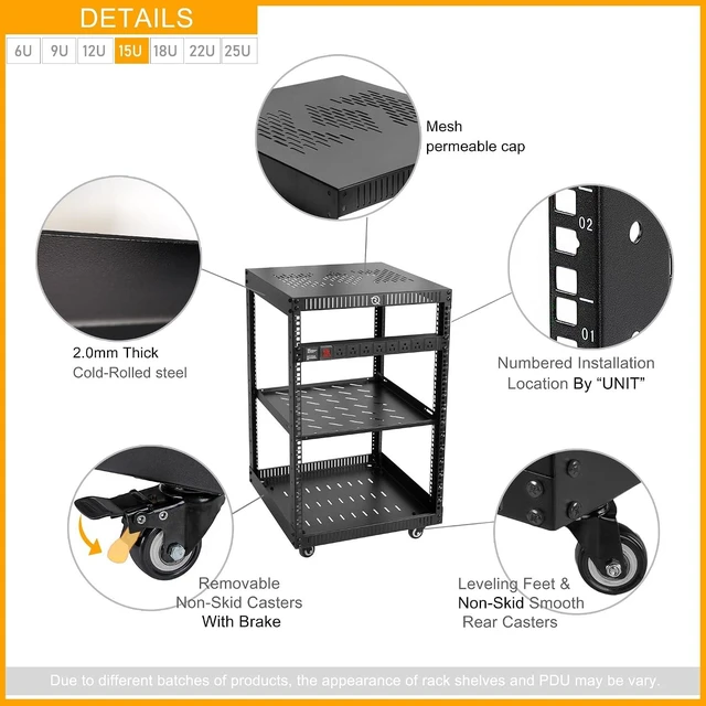 Alt view image 6 of 7 - RIVECO 15U Network Rack with Top Cover 4 Post Floor Rack on Wheels for 19" Equipment & Stereo Gear Including Rack Mount Power Strip & 1PCS 1U Rack Shelf & 16" Depth Rack Shelves 2PCS