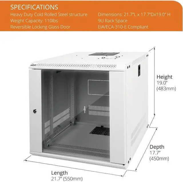 Alt view image 2 of 6 - Tecmojo 9U Wall Mount Rack Network Cabinet for 19" IT Equipment,with Lockable Glass Door and Side Panels,Cooling Fan,17.7inch Depth,White,Computer/Electronics Equipment Data Rack