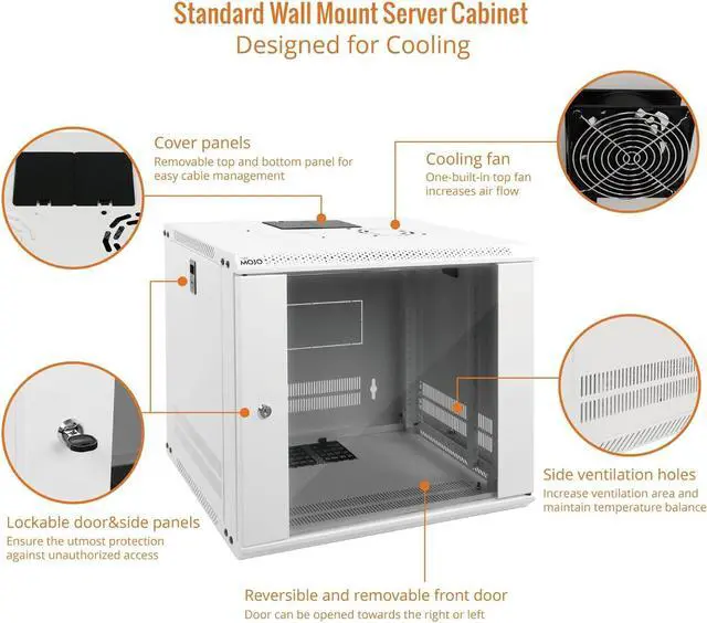 Alt view image 3 of 6 - Tecmojo 9U Wall Mount Rack Network Cabinet for 19" IT Equipment,with Lockable Glass Door and Side Panels,Cooling Fan,17.7inch Depth,White,Computer/Electronics Equipment Data Rack