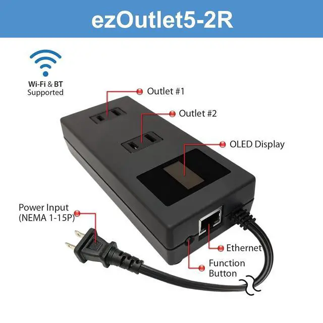 Alt view image 2 of 7 - ezOutlet5-2R - Dual Outlet Internet Enabled IP & WiFi Remote Power Switch with Automatic Reboot - iOS | Android | Cloud | 2 Web Controllable AC Power Outlets - Model EZ-73a