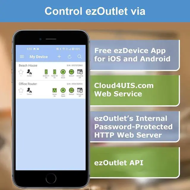 Alt view image 6 of 7 - ezOutlet5-2R - Dual Outlet Internet Enabled IP & WiFi Remote Power Switch with Automatic Reboot - iOS | Android | Cloud | 2 Web Controllable AC Power Outlets - Model EZ-73a