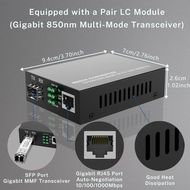 Alt view image 4 of 7 - 2Pack BiDi Gigabit Multi-Mode Fiber Ethernet Media Converters, with 2Pack Dual SFP LC Transceiver Module 850nm 1.25Gbps, 1000Base-SX to 10/100/1000Base-TX, LC Connector, RJ45 Interface MMF, Up to 550m