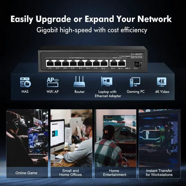 Alt view image 7 of 7 - 11 Port Gigabit POE Switch, 8 POE+ 1000Mbps, 2 Gigabit Uplink, 1 Gigabit SFP, IEEE802.3af/at, 135W Power Supply, Metal Case Unmanaged Plug and Play Ethernet Switch
