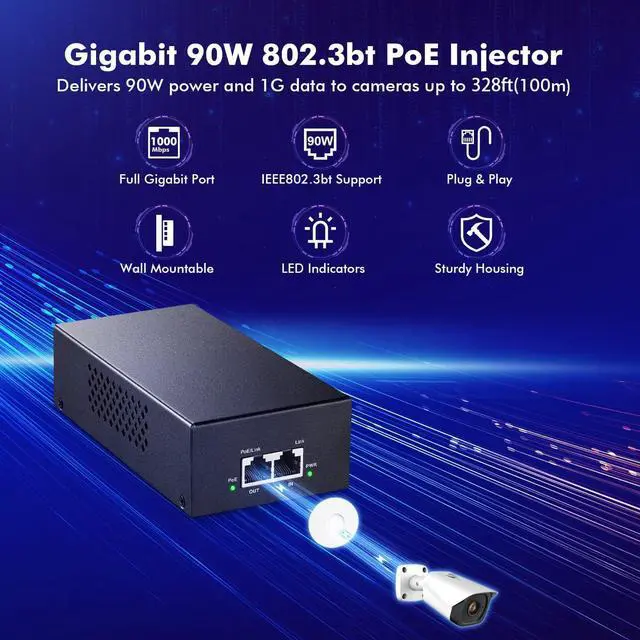 Alt view image 2 of 7 - MokerLink Gigabit PoE Injector, 802.3af/at/bt 90W, 10/100/1000Mbps Ethernet, Plug & Play, Non-PoE to PoE Adapter, Distance Up to 100 Meters (328 ft.)