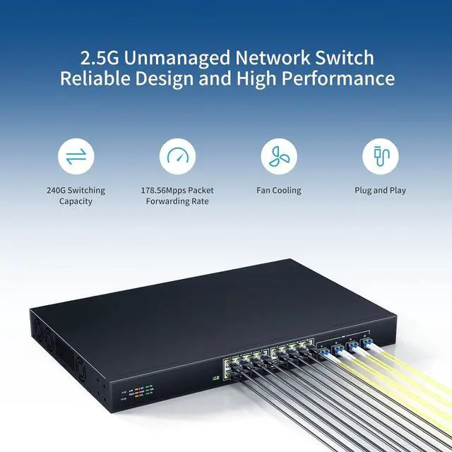 Alt view image 3 of 7 - 16 Port 2.5G Network Ethernet Switch, 16 x 2.5Gb RJ45 Ports, 4 x 10G SFP Slots, 240Gbps Switching Capacity, Desktop or Rack Mount/Metal Case/Fan Cooling/Plug and Play Unmanaged