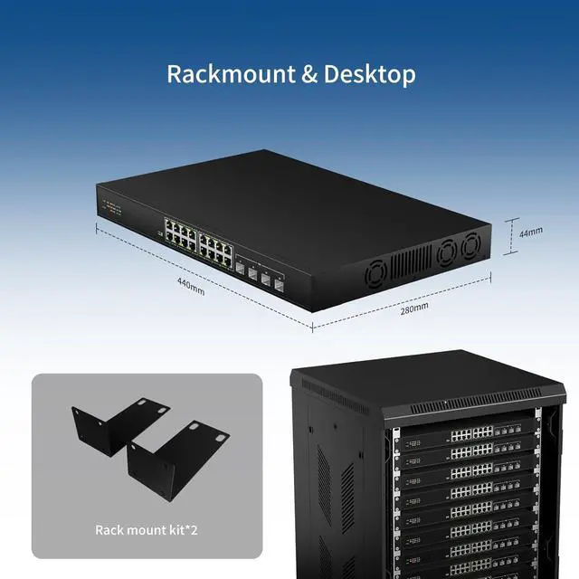 Alt view image 5 of 7 - 16 Port 2.5G Network Ethernet Switch, 16 x 2.5Gb RJ45 Ports, 4 x 10G SFP Slots, 240Gbps Switching Capacity, Desktop or Rack Mount/Metal Case/Fan Cooling/Plug and Play Unmanaged