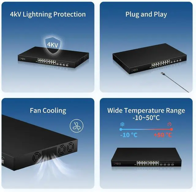 Alt view image 6 of 7 - 16 Port 2.5G Network Ethernet Switch, 16 x 2.5Gb RJ45 Ports, 4 x 10G SFP Slots, 240Gbps Switching Capacity, Desktop or Rack Mount/Metal Case/Fan Cooling/Plug and Play Unmanaged