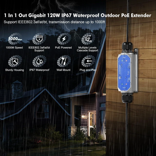 Alt view image 2 of 7 - IP67 Outdoor Gigabit PoE Passthrough Switch, 1 in 1 Out Extender, IEEE802.3af/at/bt Powered 90W, 10/100/1000Mbps Ethernet, Metal Wall Mount Waterproof Plug and Play