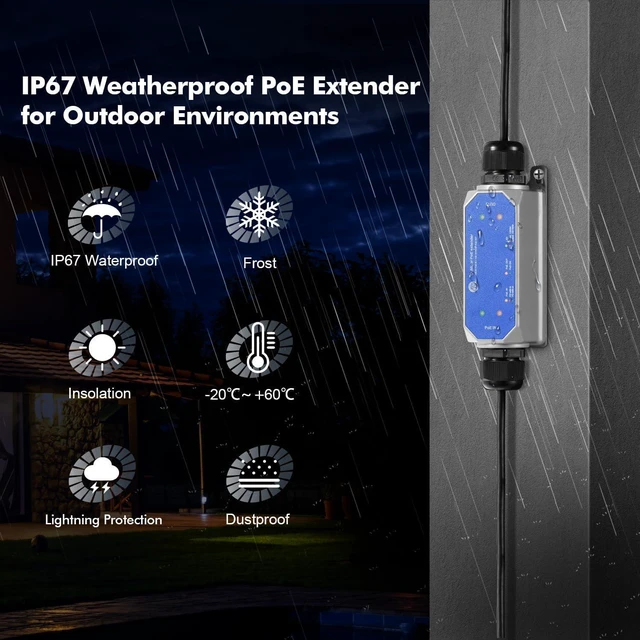 Alt view image 4 of 7 - IP67 Outdoor Gigabit PoE Passthrough Switch, 1 in 1 Out Extender, IEEE802.3af/at/bt Powered 90W, 10/100/1000Mbps Ethernet, Metal Wall Mount Waterproof Plug and Play
