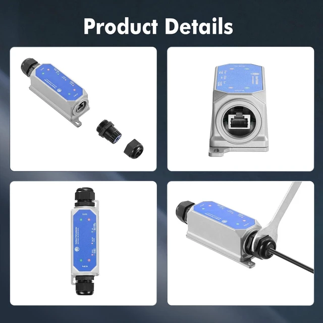 Alt view image 7 of 7 - IP67 Outdoor Gigabit PoE Passthrough Switch, 1 in 1 Out Extender, IEEE802.3af/at/bt Powered 90W, 10/100/1000Mbps Ethernet, Metal Wall Mount Waterproof Plug and Play