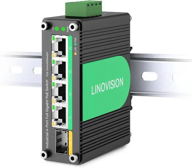 Main image of LINOVISION Industrial 4 Ports Gigabit 12V PoE Switch, Solar Powered Switch Support DC 957V Input to 48V PoE , SFP Uplink, 4 x IEEE 802.3af/at Ports 30W @120W, for Solar Power/RV Truck/VoIP Systems