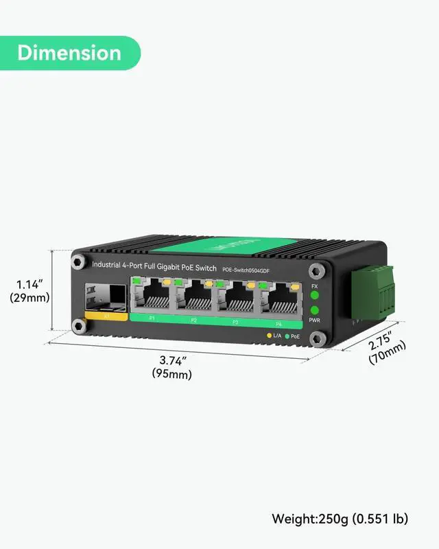 Alt view image 7 of 7 - LINOVISION Industrial 4 Ports Gigabit 12V PoE Switch, Solar Powered Switch Support DC 957V Input to 48V PoE , SFP Uplink, 4 x IEEE 802.3af/at Ports 30W @120W, for Solar Power/RV Truck/VoIP Systems