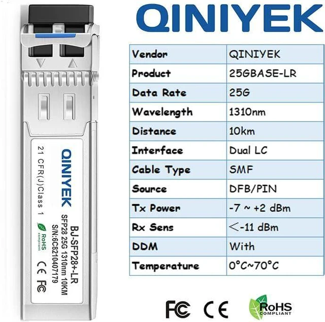 Alt view image 6 of 6 - 25GBASE-LR SFP28 SingleMode Transceiver,25G SFP28 Optical Transceiver Module,Compatible with Dell AA094688(SMF,1310nm,10km,DDM)
