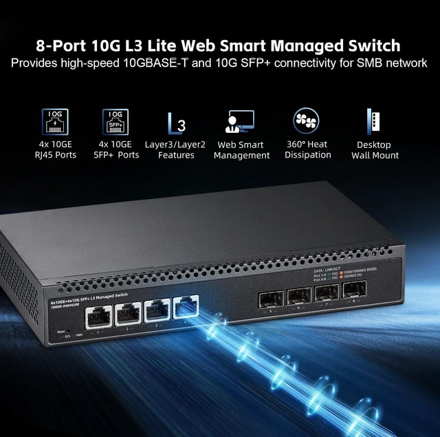 Alt view image 2 of 7 - 8 Port 10 Gigabit Managed Switch, 4x10G RJ45 Ethernet, 4x10G SFP+, 160Gbps Bandwidth, L3 Web Managed, Metal Small Binardat Network Switch
