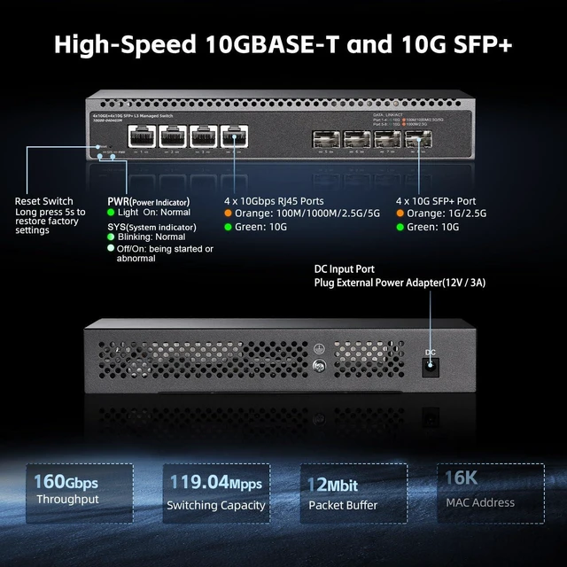 Alt view image 3 of 7 - 8 Port 10 Gigabit Managed Switch, 4x10G RJ45 Ethernet, 4x10G SFP+, 160Gbps Bandwidth, L3 Web Managed, Metal Small Binardat Network Switch