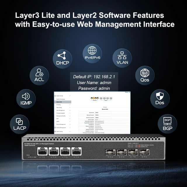 Alt view image 4 of 7 - 8 Port 10 Gigabit Managed Switch, 4x10G RJ45 Ethernet, 4x10G SFP+, 160Gbps Bandwidth, L3 Web Managed, Metal Small Binardat Network Switch