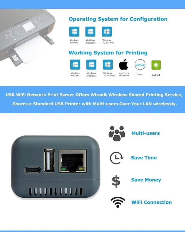 Alt view image 6 of 7 - WiFi USB Print Server, Wireless Network Print Server with RJ45 Port, Turns USB Printer into Network Printer for Windows