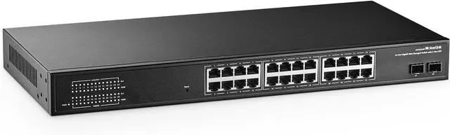 Main image of MokerLink 26 Port Gigabit Managed Switch, 24 Port GE, 2 x 1G SFP, L2 Smart Web Managed, Rackmount Fanless, QoS Vlan IGMP ACL