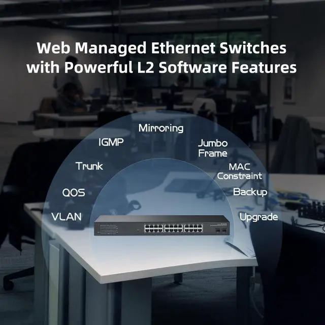 Alt view image 6 of 7 - MokerLink 26 Port Gigabit Managed Switch, 24 Port GE, 2 x 1G SFP, L2 Smart Web Managed, Rackmount Fanless, QoS Vlan IGMP ACL