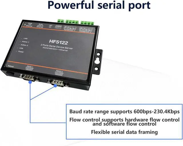 Alt view image 2 of 7 - Dual Serial Port Serial Server RS232 RS485 RS422, 5-36VDC Power Input, 2 Ethernet Ports - High Speed 230400bps, Secure TLS AES Encryption, Industrial Network Communication