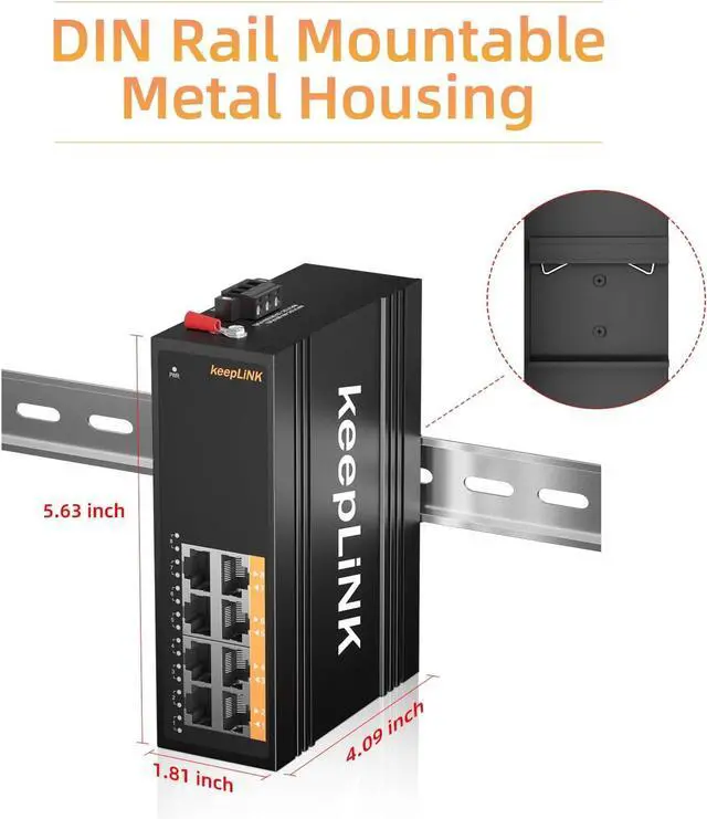 Alt view image 4 of 7 - 8 Port Industrial Gigabit Switch, DIN-Rail Network Switch Unmanaged, IP40, Operating Temperature Range of -30°  75°C (-22° 167°F)