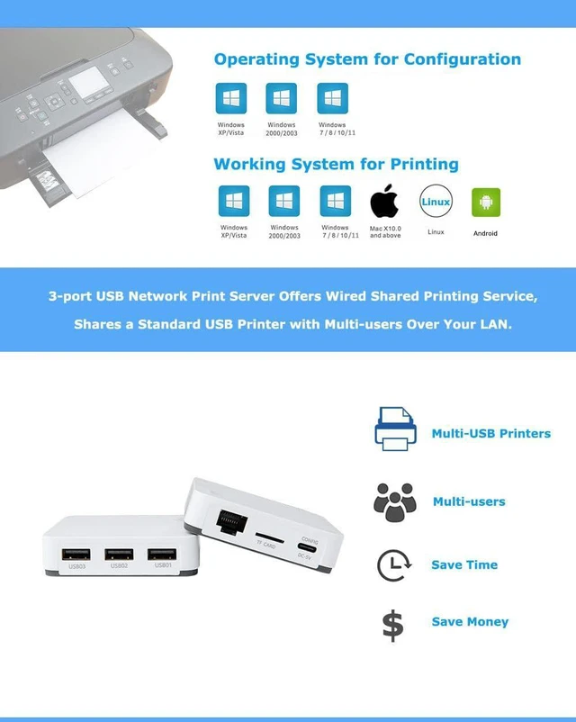 Alt view image 4 of 6 - 3-Port USB Network Print Server - Share USB Printers Wirelessly, Compatible with Windows, Mac, Linux, Android - Easy Setup, Multiple User Support