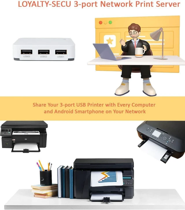 Alt view image 2 of 6 - 3-Port USB Network Print Server - Share USB Printers Wirelessly, Compatible with Windows, Mac, Linux, Android - Easy Setup, Multiple User Support