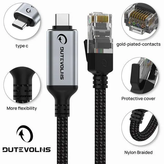 Alt view image 5 of 7 - USB C to Ethernet Cable 10FT, Type C to RJ45 Nylon Cord, Gigabit Directly Connected, Compatible for MacBook Pro, iPad Pro, Smartphone, Laptop, PC